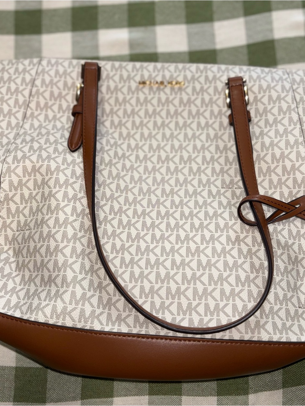 Michael Kors Beige Monogram Tote with Brown Trim and Straps